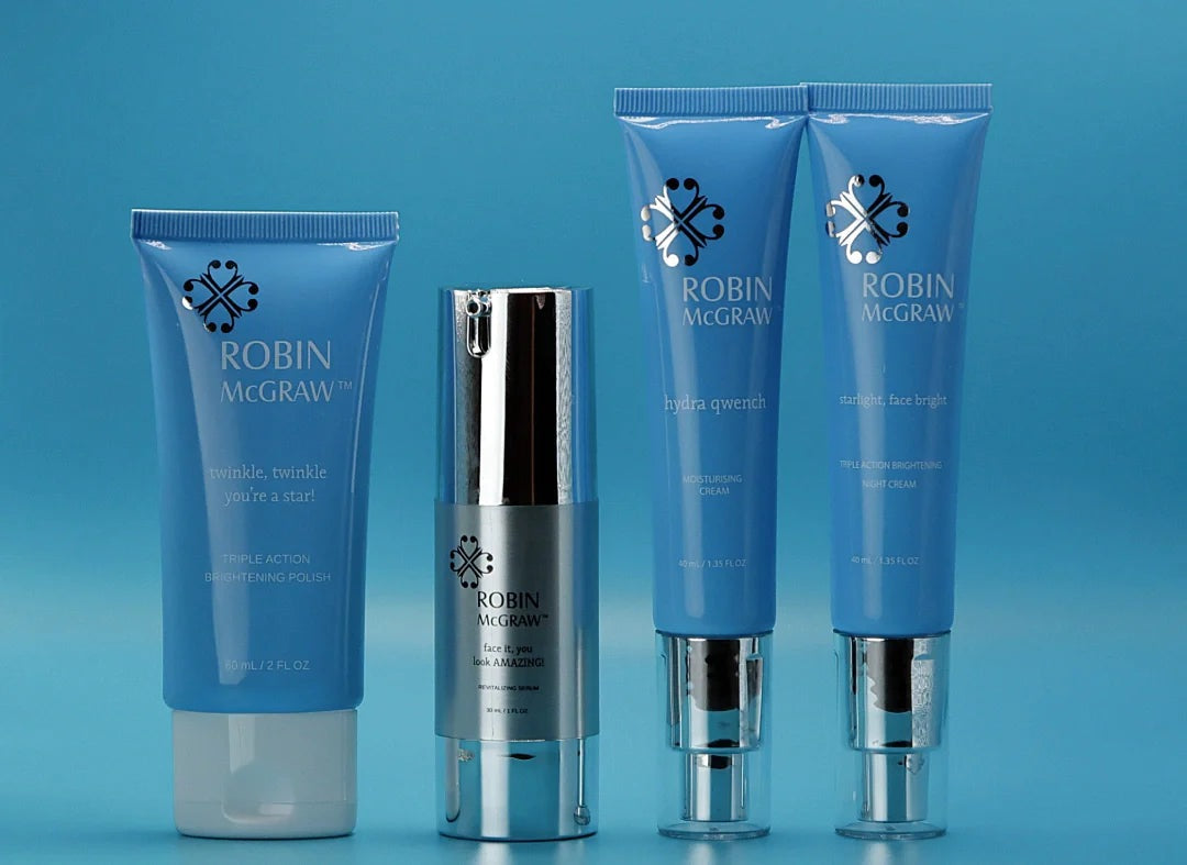 Dive into deep hydration with Robin McGraw's 'Goodbye to Dry Kit': Your secret weapon against dryness, revealing a luminously refreshed complexion!